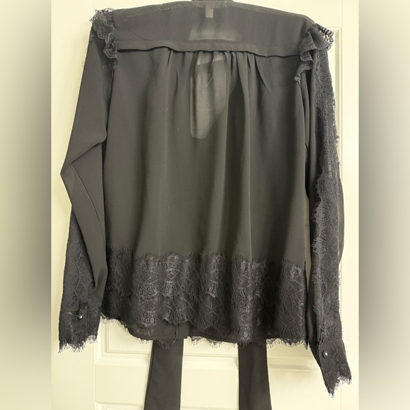 Anthropologie Black Lace Trim Tie Blouse Witchy Whimsy Victorian XS - Picture 10 of 12